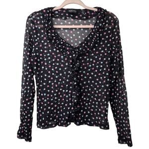 Lg Y2k Vtg New York & Company Sheer Polka Dot Ruffled Button Up Shirt Coquette
